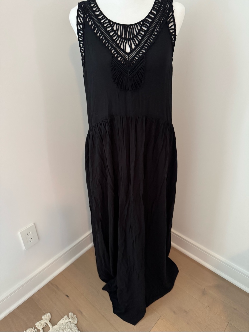 Anthropologie Black Crochet-Detail Sleeveless Rayon Maxi Dress with Pockets